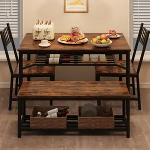 GARVEEDining Set for 4 with Rectangular Kitchen Table, Chairs, Wine Rack Shelf, and Storage Benches - Perfect for Kitchen and Dining Room