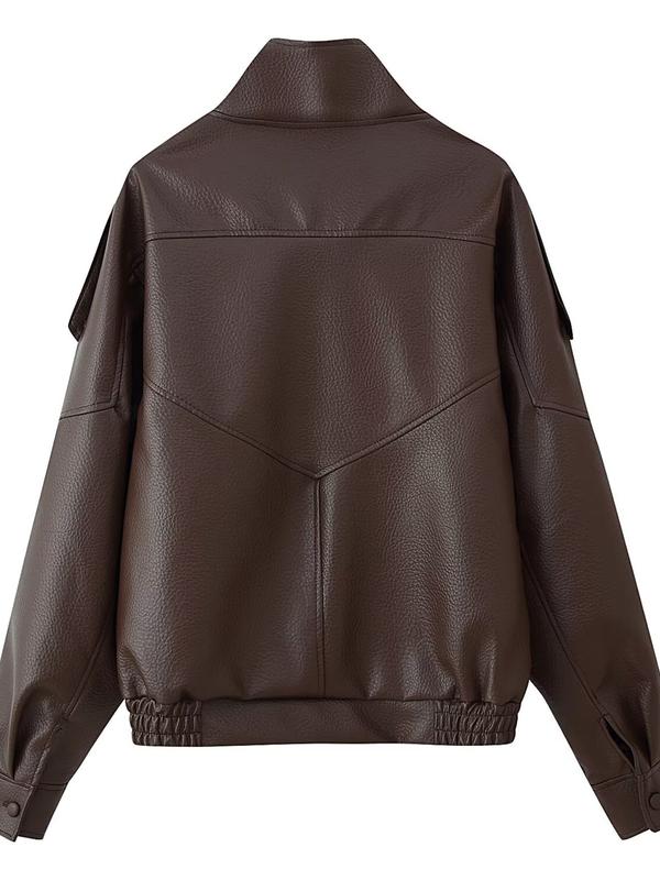 Women's Fashion Lychee-Grain PU Leather Jacket, European and American Style Biker Jackets for Autumn and Winter