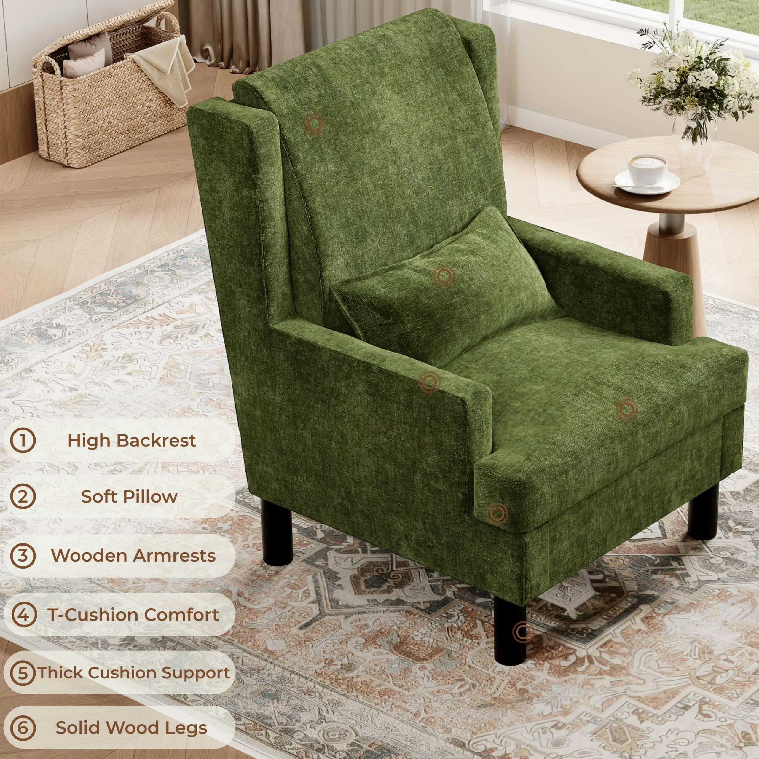 Wingback Accent Chair – High Back, Soft Pillow, Chenille Upholstery, Sturdy Wood Legs – Modern Comfy Armchair for Living Room & Bedroom