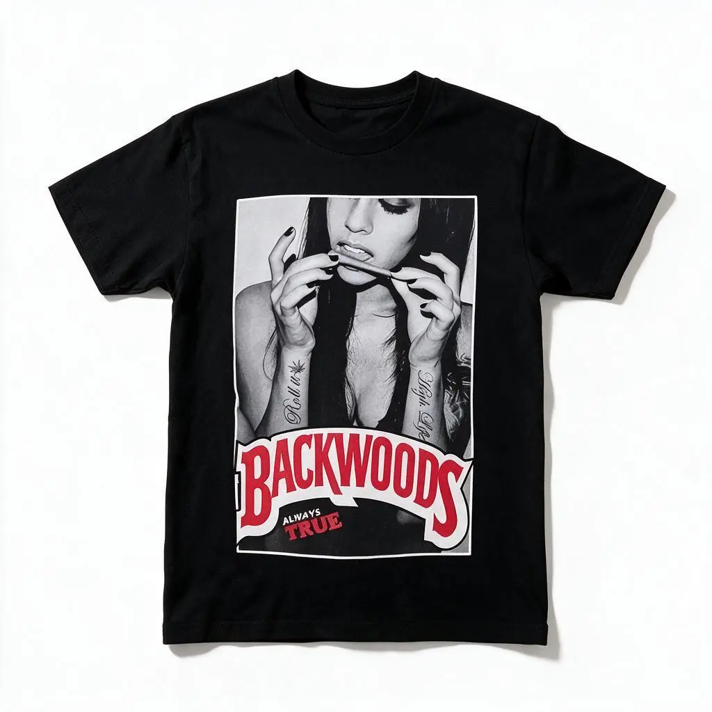 Cool "Backwoods" Printed Black Oversized Baggy T-shirt, 100% Cotton Crew Neck Short Sleeve Boxy Graphic Tee For Men-Summer Streetwear, Y2K Festival Skater Casual Outfits Graphic Tees