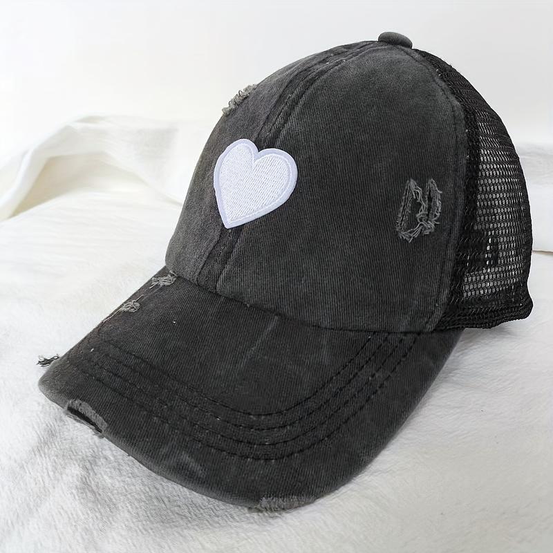 2026 New Arrival Women’s Ponytail Baseball Cap – Distressed Heart Embroidery Breathable Mesh Brim Hat, TikTokShopBlackFriday Christmas
