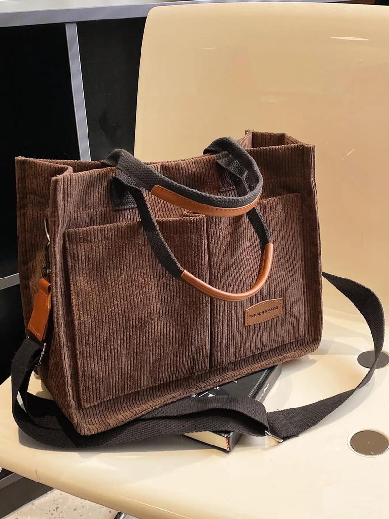 Women's Casual Minimalist Corduroy Tote Bag, Letter Patch Decor Shoulder Bag for Daily Used, Casual Trendy Versatile High-quality Daily Commuting Bag, Girl Fashionable Shopping Bag, Casual Commuter Bag
