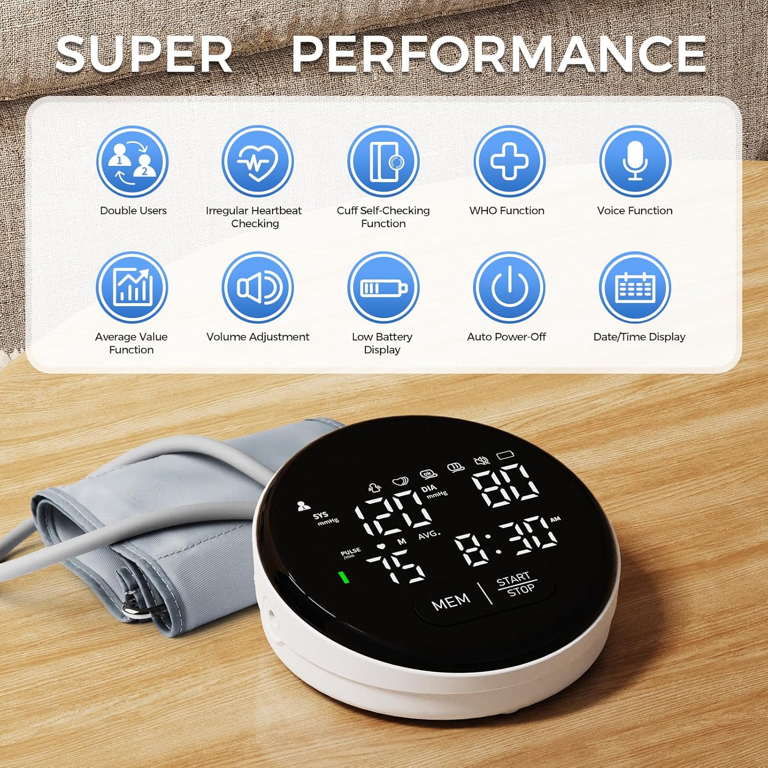 Blood Pressure Monitor Upper Arm Automatic Monitors for Home Use Adjustable 8.7"-16.5" Cuff Voice Broadcast Large Backlit Display 240 Sets Memory with Storage Bag