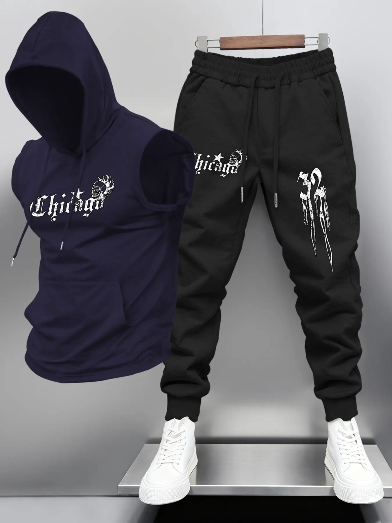 Men's Fashion Hooded Vest Long Pants Set, Chicago City Print, Simple Letter Design, American Street Sport Casual Style