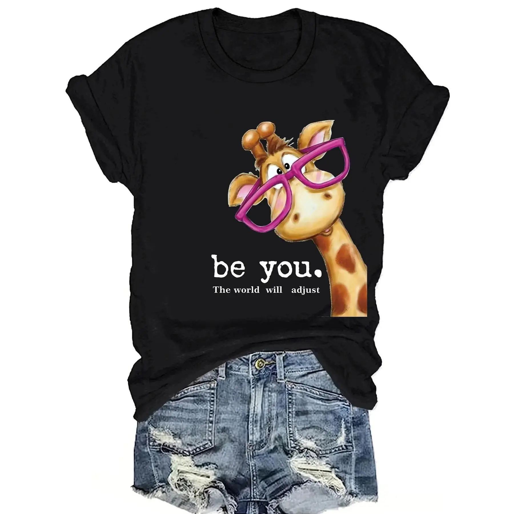 Plus Size, Women' Giraffe Print Short Sleeve T-Shirt - Giraffe Spot Top with Round Neck, Casual Spring Summer Blouse for Casual Attire, Machine Washable & Suitable for Women