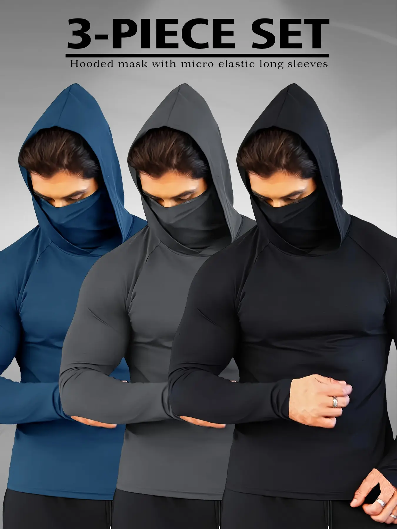 Men's 3 Pack Long Sleeve Hooded Shirts, Hoodie Clothing Tops, Integrated Face Mask Micro Elastic Compression, Ninja Style Gym Workout Training Athletic Tops for Men