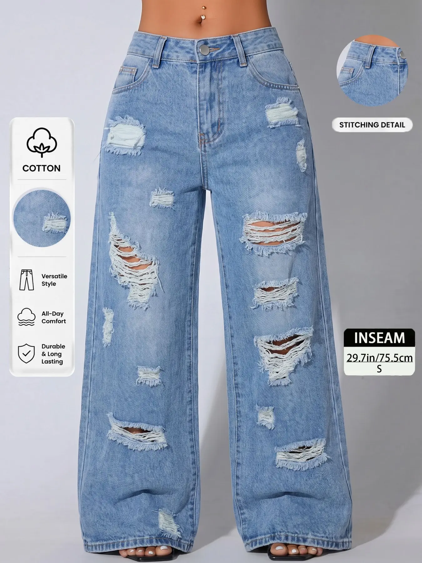 Women's Mid-Rise Wide Leg Denim Jeans with Spray Stonewash & Whisker Details, Latina Street Style Slimming Casual Trendy Pants for Summer All-Season Elegant Chic Bottoms