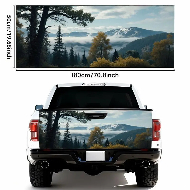 1pc 19.69*70.87inch Serene Autumn Mountain Landscape Vehicle Decal - Waterproof Self-Adhesive Tailgate Bumper Decal, Foggy Valleys Snow-Covered Summits, Gentle Light Late Autumn Winter View, Weatherproof Easy to Install - Compatible with Most Car Models