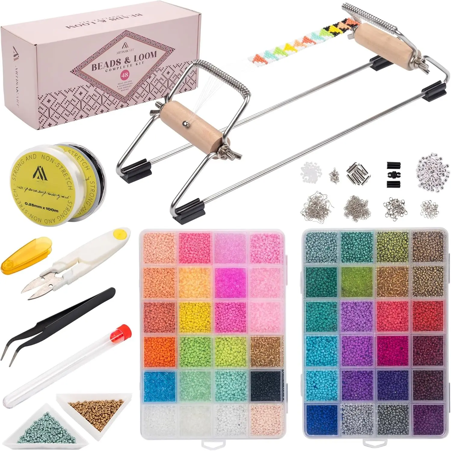 Complete Bead Loom Kit with 24,000 Colorful Glass Beads for  Making, Non-Stretch Thread and Big-Eye Beading  - DIY Craft Supplies Set for Creating Beaded Bracelets, Earrings, Rings