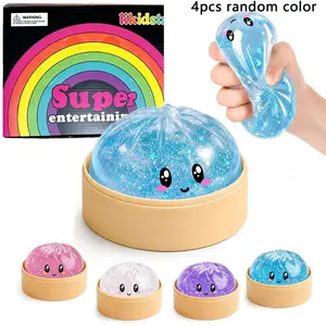 4counts Mystery Glitter Dumpling Squishiy with Steamer Box – Cute Baozi Bun Stress Ball – Soft Squeeze Sensory Toy for Stress Relief – Sensory Fidget Toy Gift for Kids, Teens & Adults