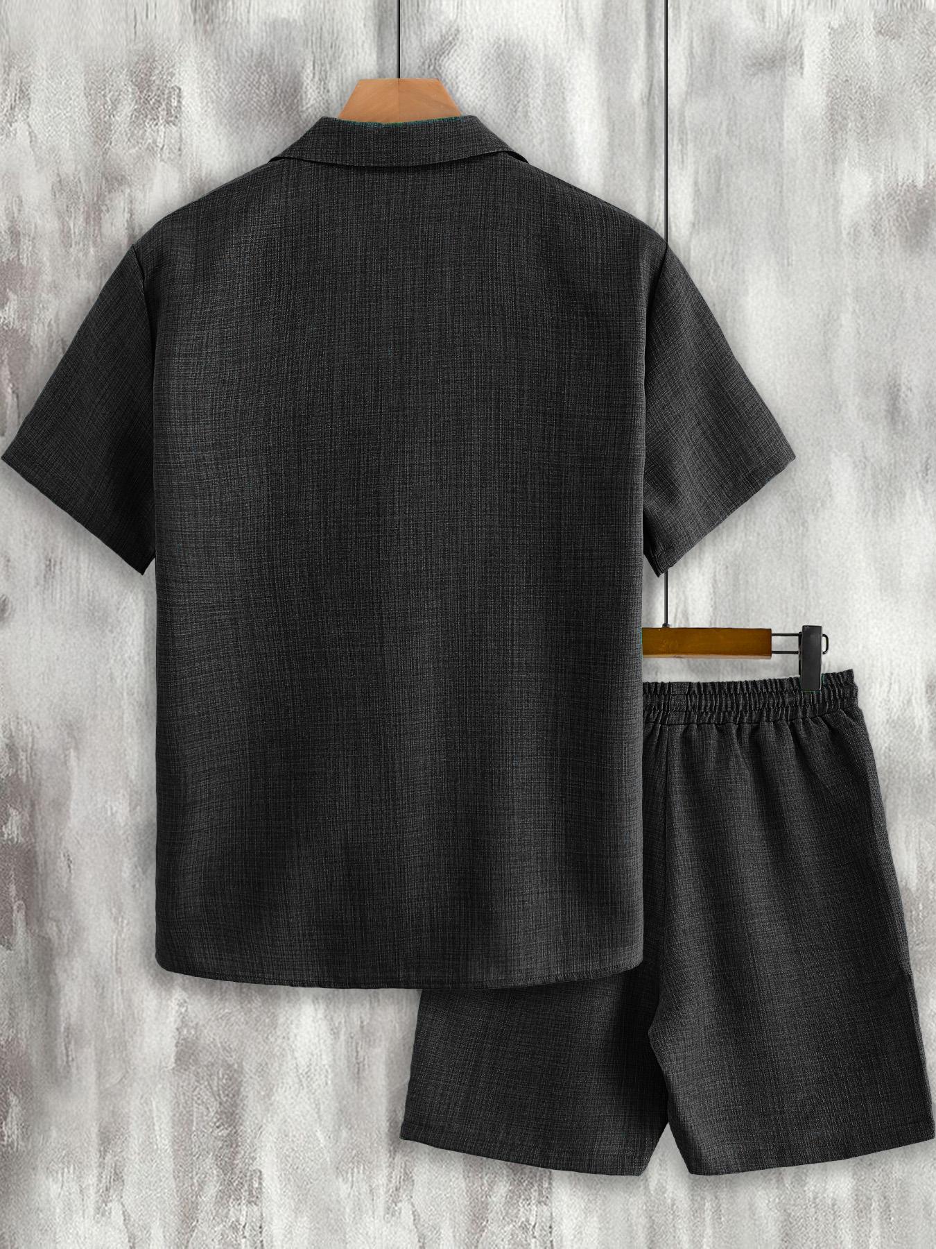 Men's Button Front Shirt & Drawstring Waist Shorts Loungewear, Casual Comfy Short Sleeve Top & Shorts Set, Men's Loungewear for Summer, Menswear, Relaxed Fit Loungewear, Shorts Pajama