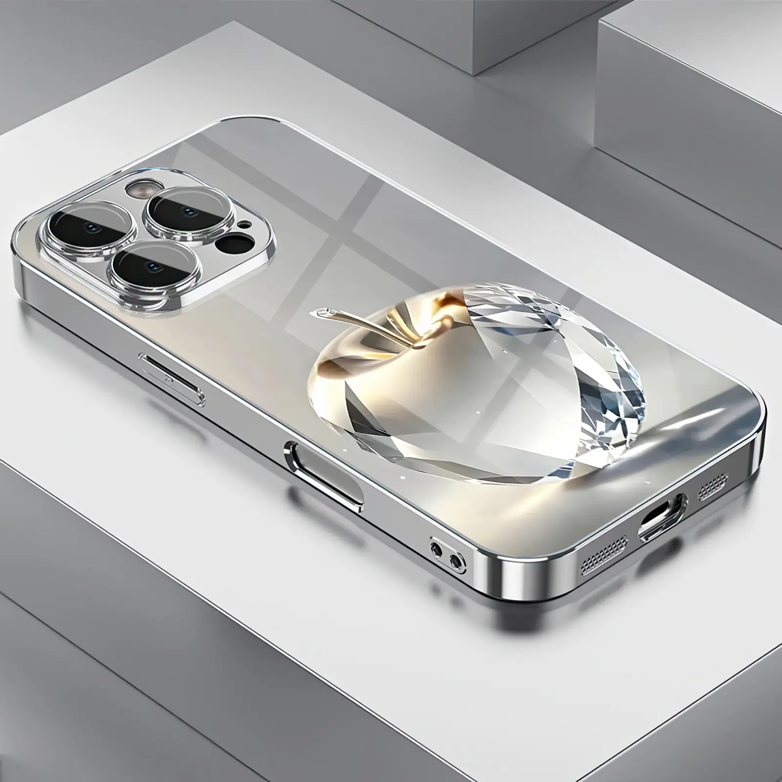 Crystal Silver Apple 2D Printed Pattern Phone Case,High Definition Glass Design Phone Protection Case, Suitable for iPhone 17 Pro Max 16 15 14 13 12 11 Samsung Galaxy S25 Ultra S24 S23 S22 S21 S20 A Series All Inclusive Phone Case-ZQ177