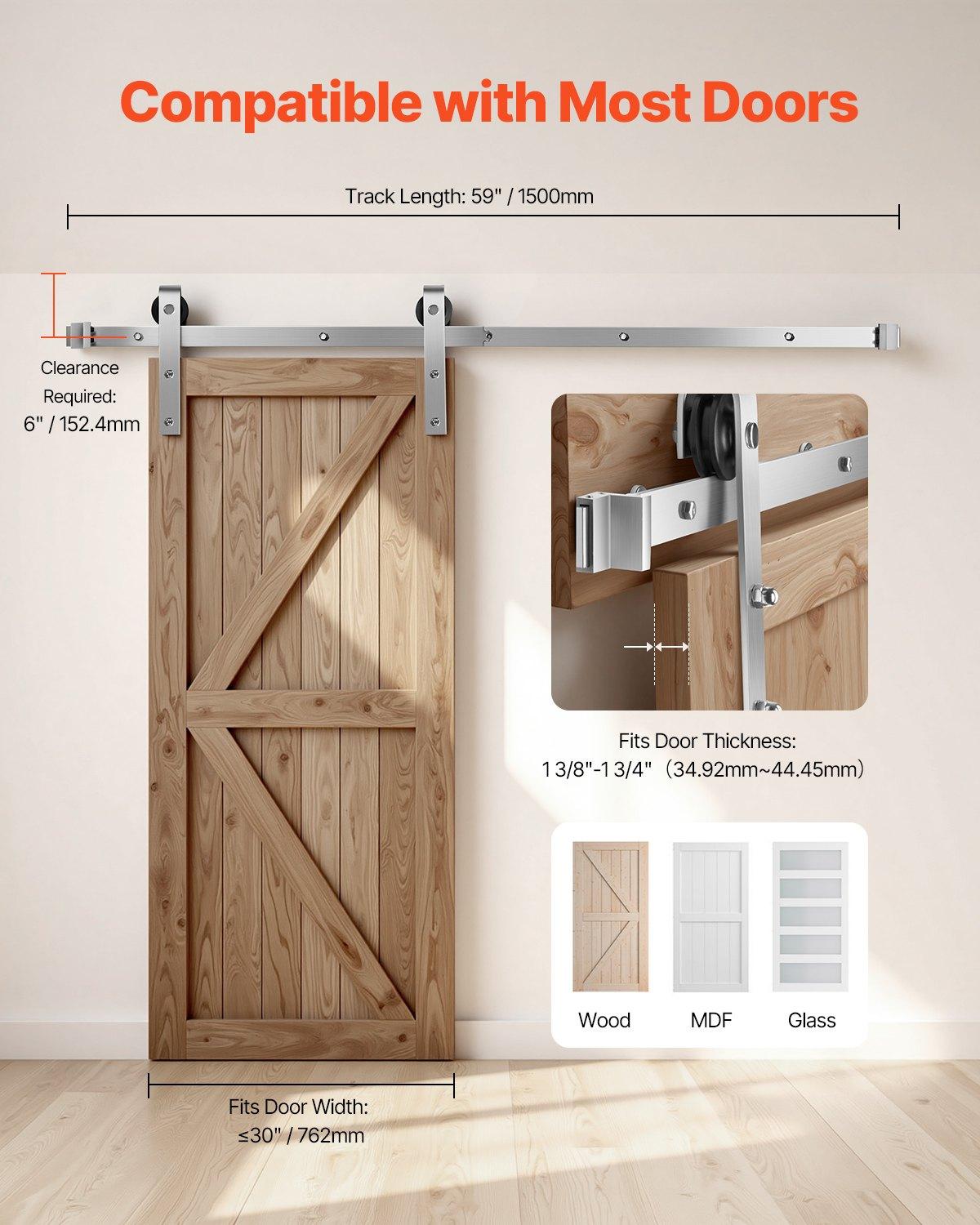 VEVOR 5FT Sliding Barn Door Hardware Kit, 330 LBS Weight Capacity, Compatible with 30 Inches Max Width & 1-3/8 to 1-3/4 Inches Thickness Single Sliding Barn Door, Durable Track & J-shape Roller Silver VEVOR 5FT Sliding Barn Door Hardware Kit, 330 LBS Weight Capacity, Compatible with 30 Inches Max Width & 1-3/8 to 1-3/4 Inches Thickness Single Sliding Barn Door, Durable Track & J-shape Roller Silver