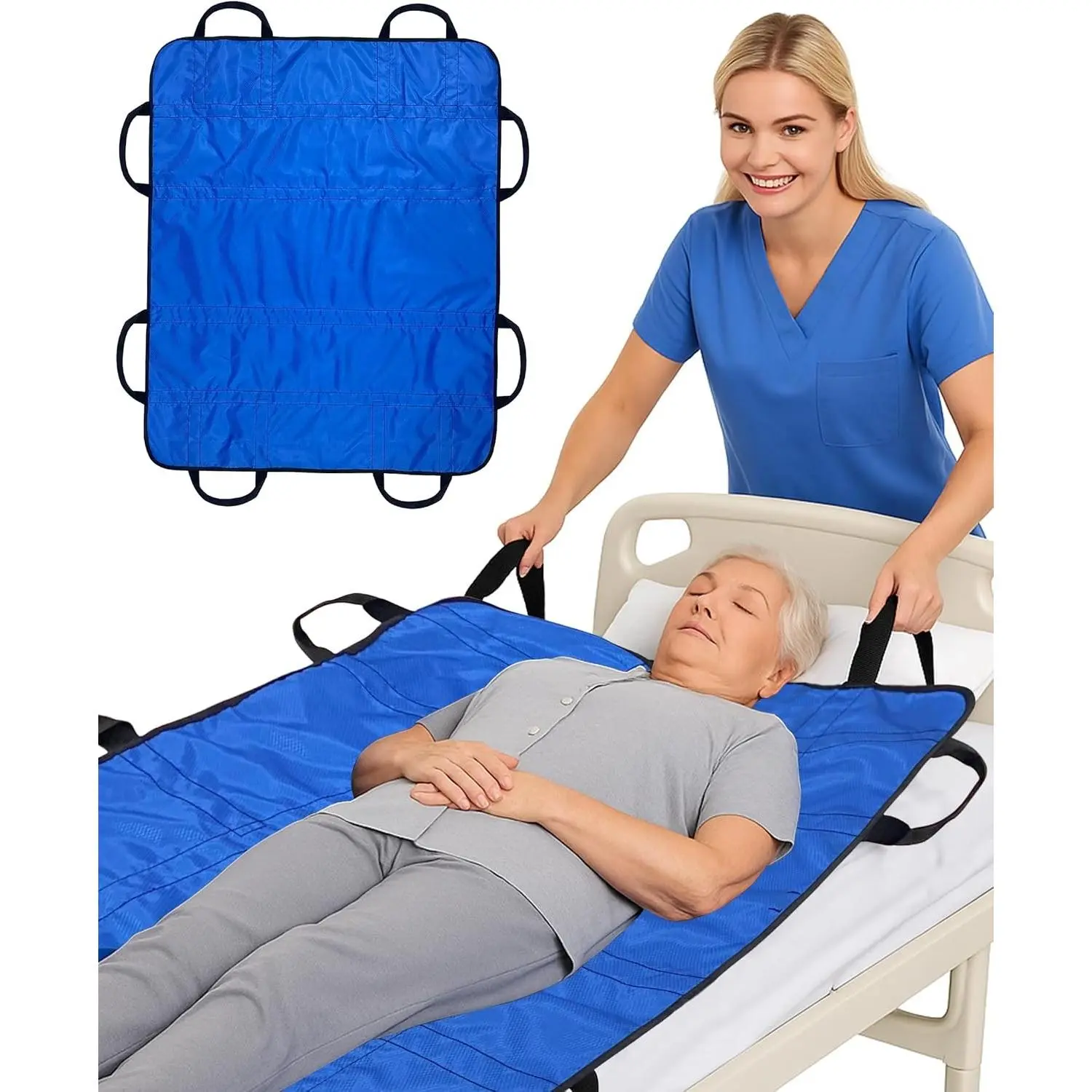 Patient Positioning Bed Pad with Handles Transfer & Slide Sheet for Elderly Care Waterproof Washable Draw Sheet for Hospital or Home Use 46.5" x 38.5" 450 LBS Support Blue