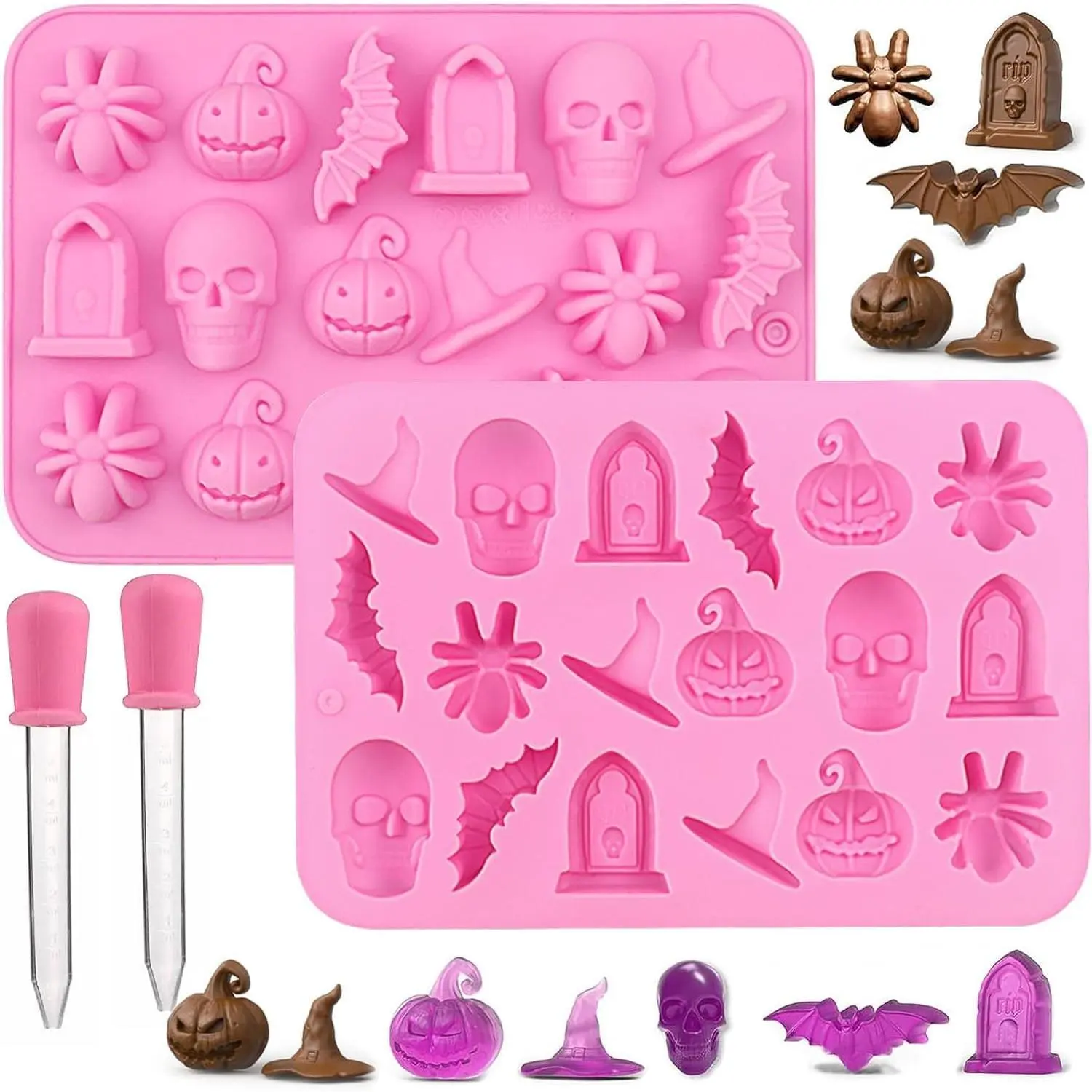 Halloween Silicone Mould Pack of 2 Chocolates Molds 3D Halloween Chocolate Candy Gummy Mold Skull Pumpkin Bat Ghost Witch Hat Spider tombstone Shapes Mold