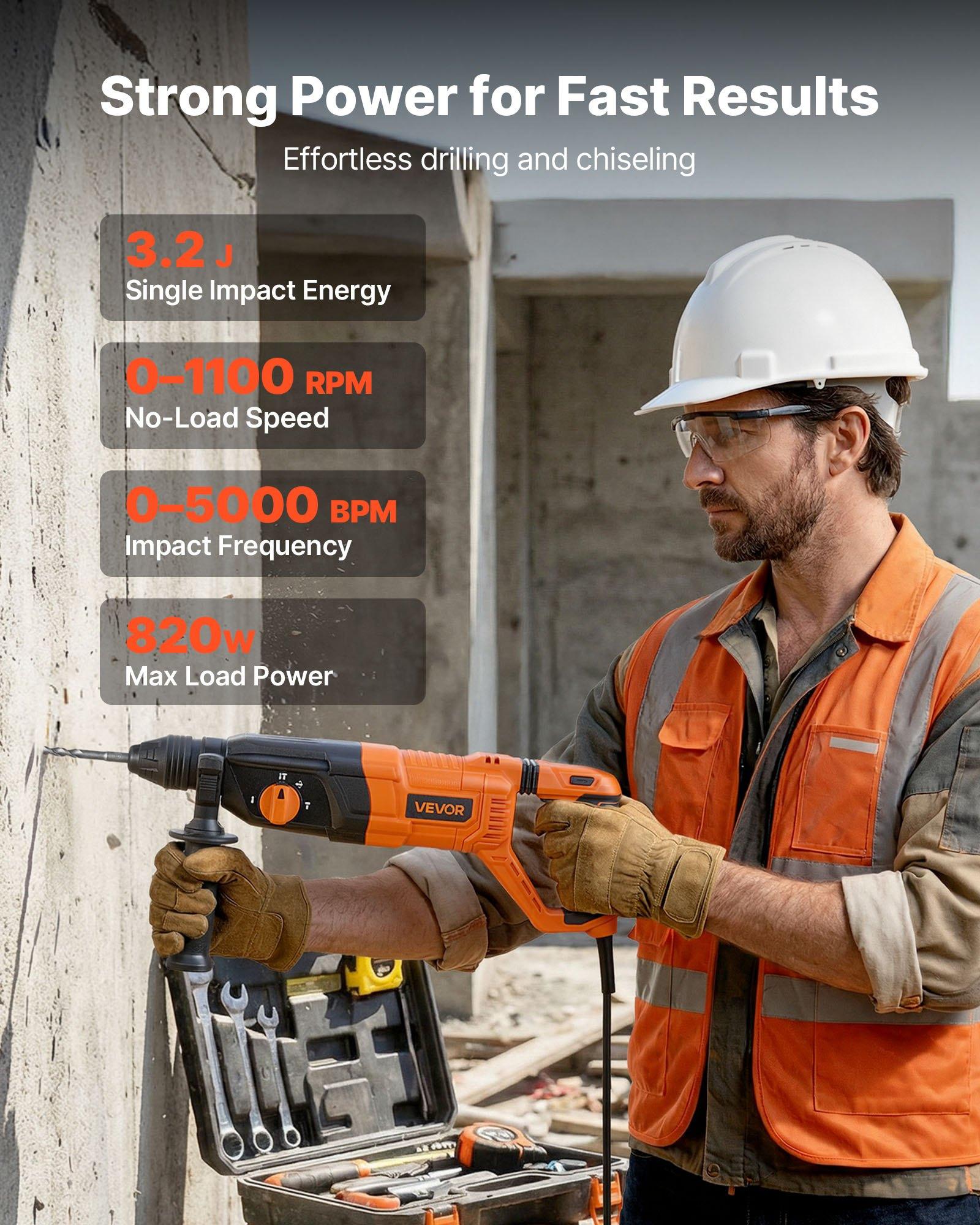 VEVOR Rotary Hammer Drill, 1-1/8 in SDS-Plus Electric Corded Heavy Duty Rotary Hammer, 4 Functions, Including 3 Drill Bits, Flat Chisel, Pointed Chisel, and Carrying Case, for Concrete and Masonry