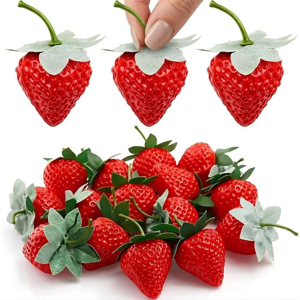 15 count  Strawberries - Realistic Artificial Strawberries | Plastic Faux Strawberry Decor for  Kitchen, Fruit Display & Photography Props / Decorative Red Plastic Strawberries