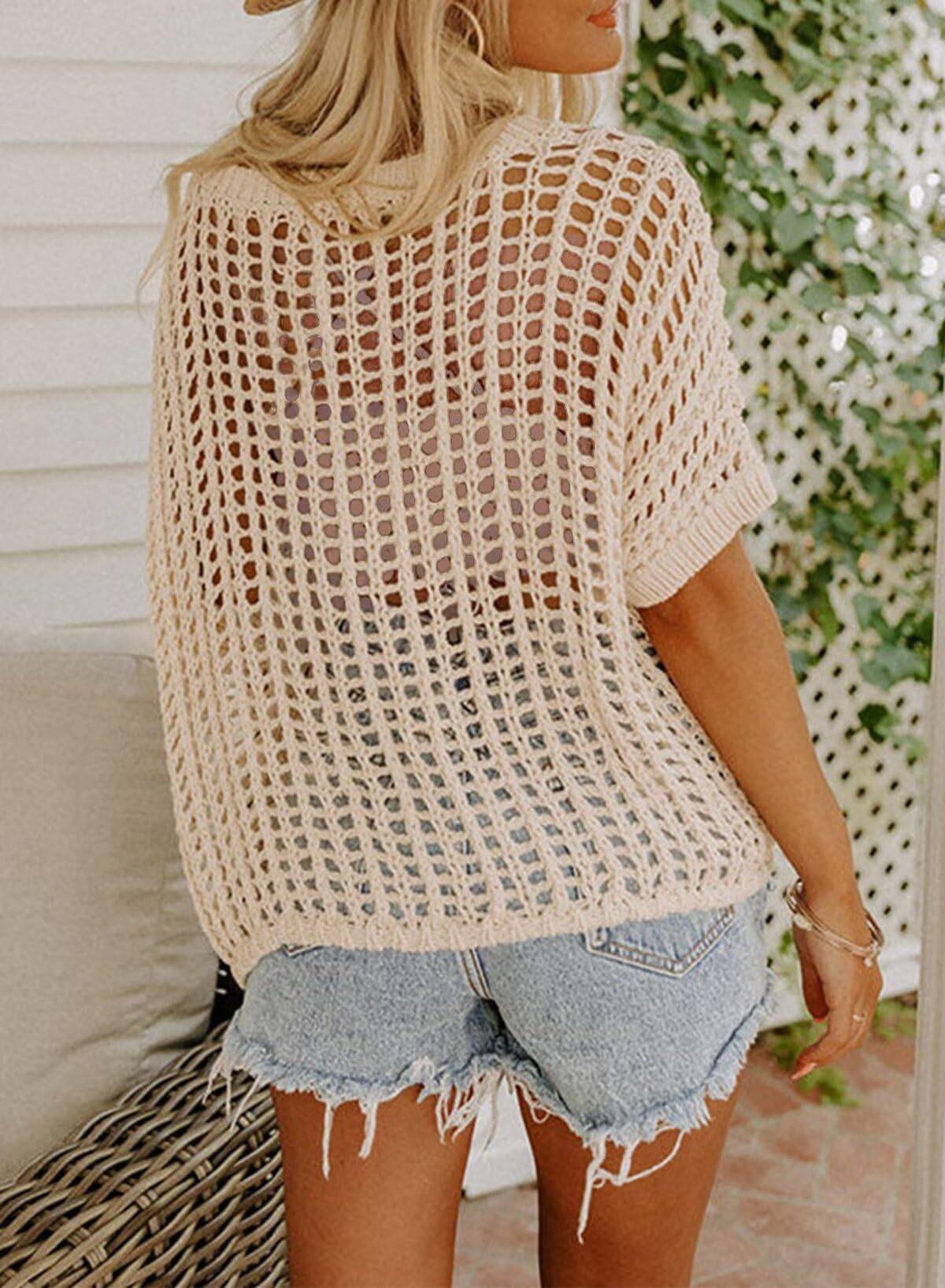 2026 summer five-quarter sleeve sexy hollow top pullover beach blouse knitted sweater women
