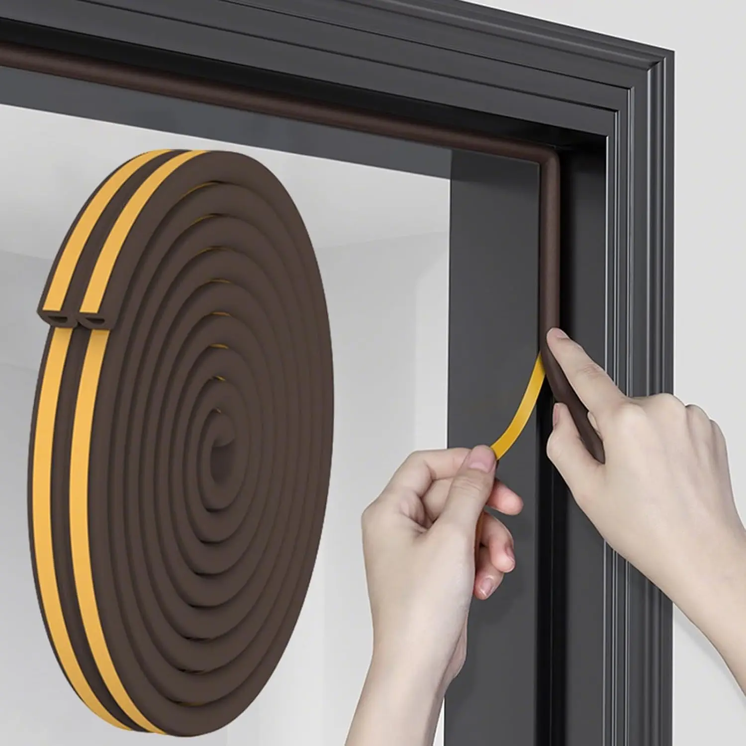 32.8 Ft Weather Stripping Door Seal Strip,Self Adhesive Door Soundproofing D Shaped Weatherstripping for Door Frame/Window,Brown,3/8" W × 1/4" T