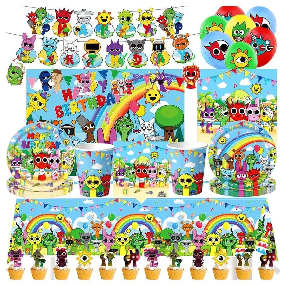 Incredibox Sprunki Party Supplies disposable party plates Backdrop Cake topper easter Children's birthday decoration Hen party