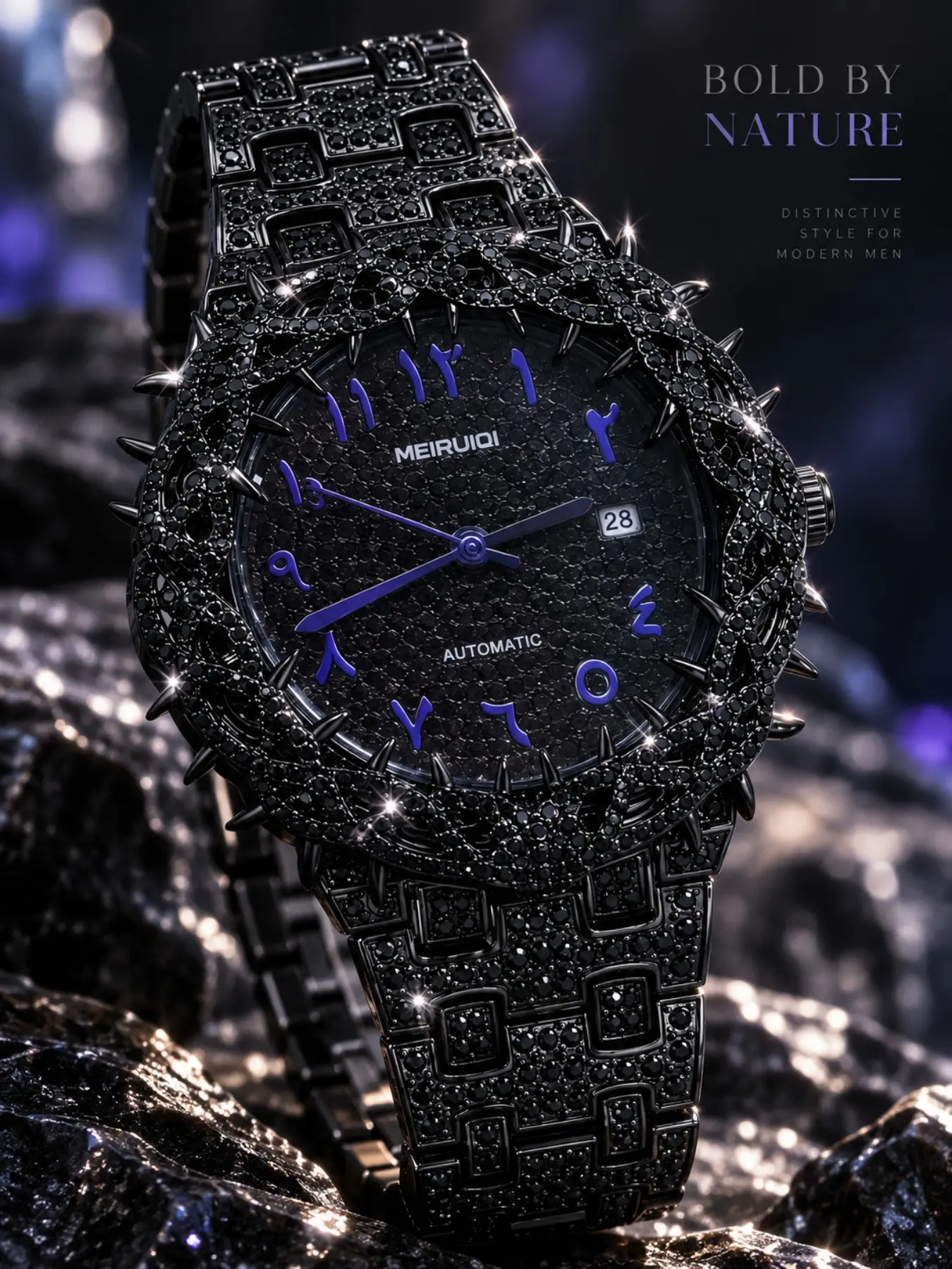 Men's Automatic Mechanical Watch, Full Diamond Dial, Calendar Function, Stainless Steel Band, Bold Personality, Wild Snake Design, Analog Face Watch