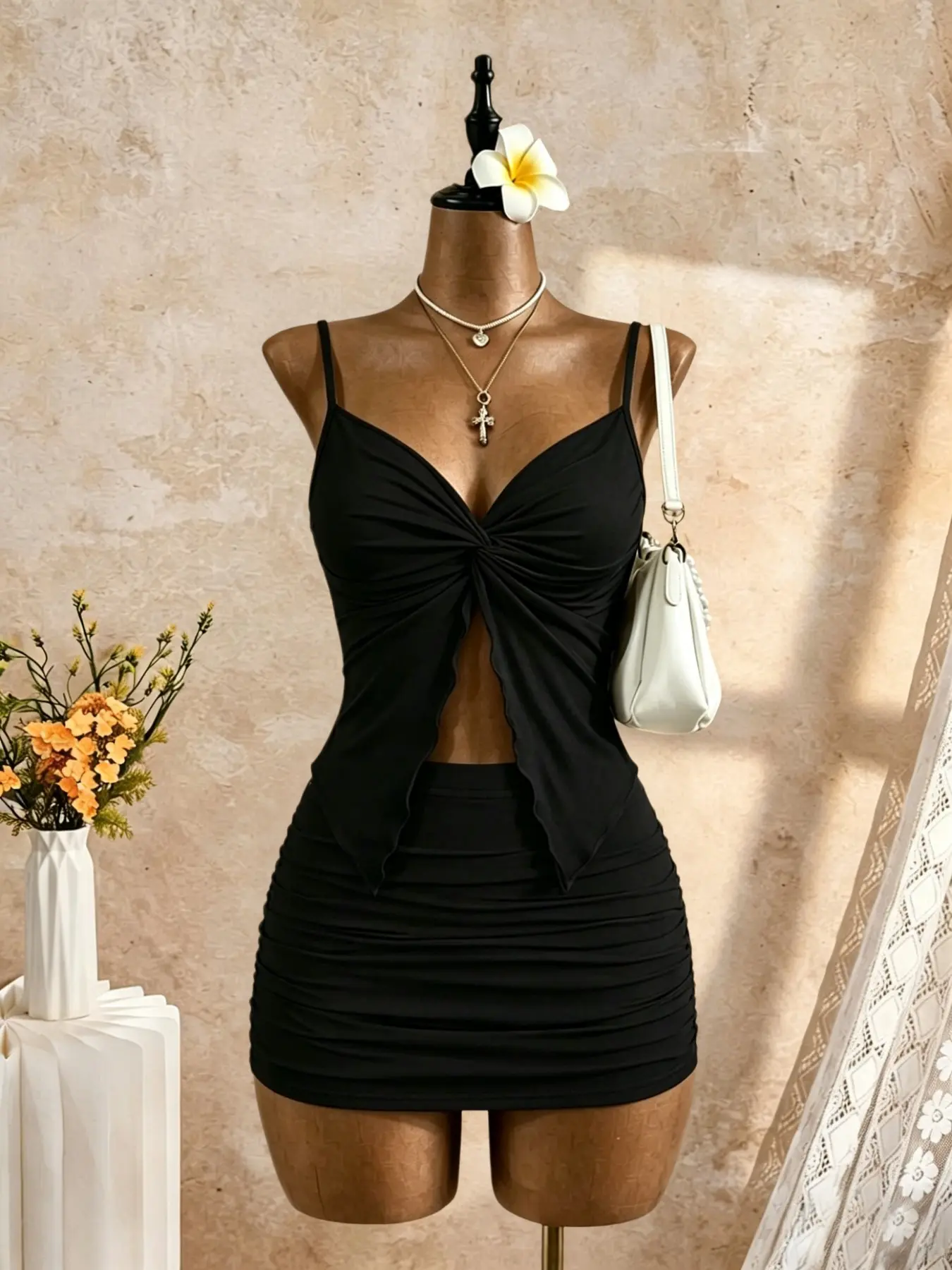 Women's Aesthetic Solid Color Knot Front Halter Top + Pleated Bodycon Mini Dress Set, Outfit, Sleeveless Thin Straps Hollow Out Design, Nightclub Party