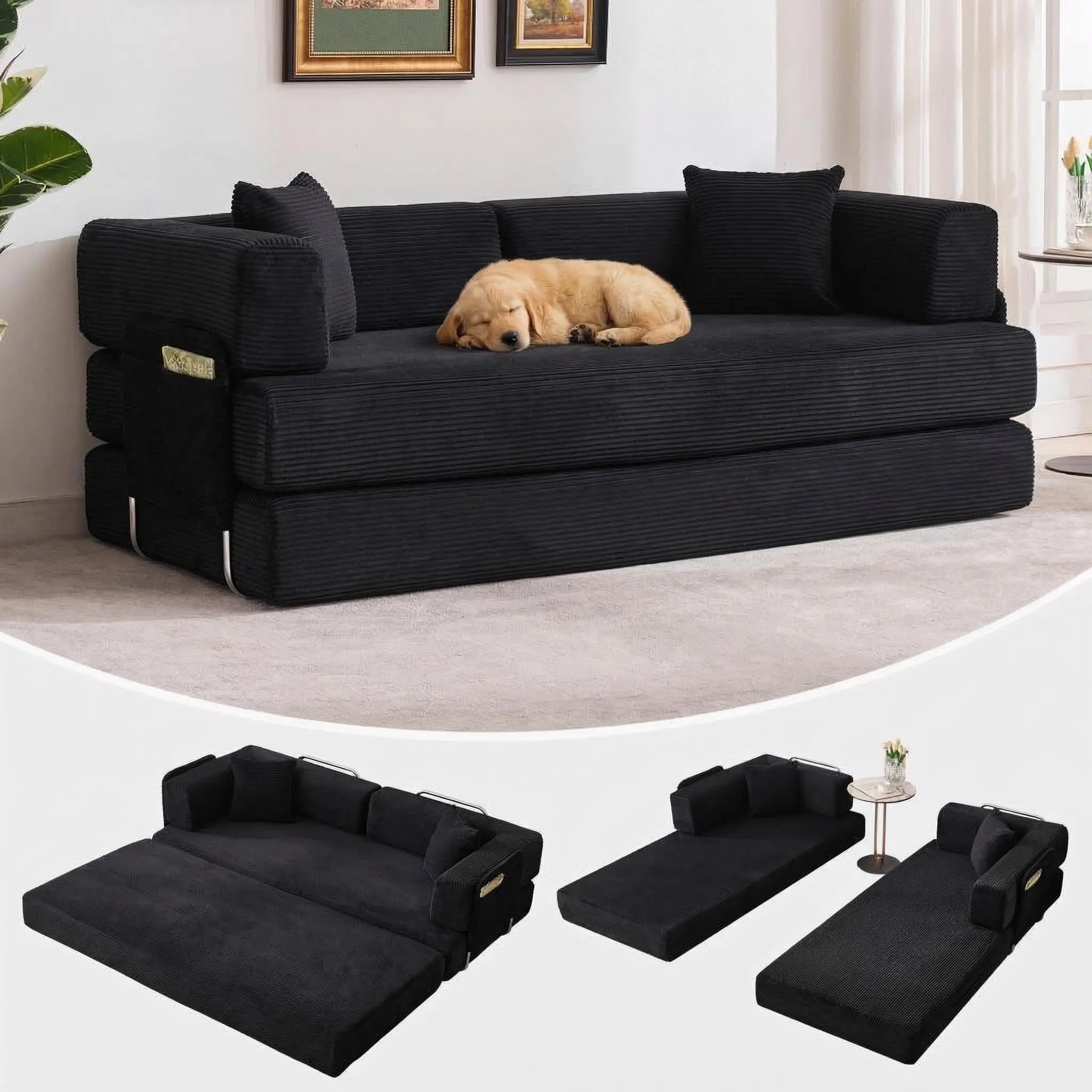 Garvee 5-in-1 Convertible Sofa Bed, 78.8 Inch Folding Modular Corduroy Futon Couch with Pull-Out Bed, No Assembly Needed, Multi-Functional Loveseat Sleeper for Living Room, Bedroom, Lounge, Available in Various Colors