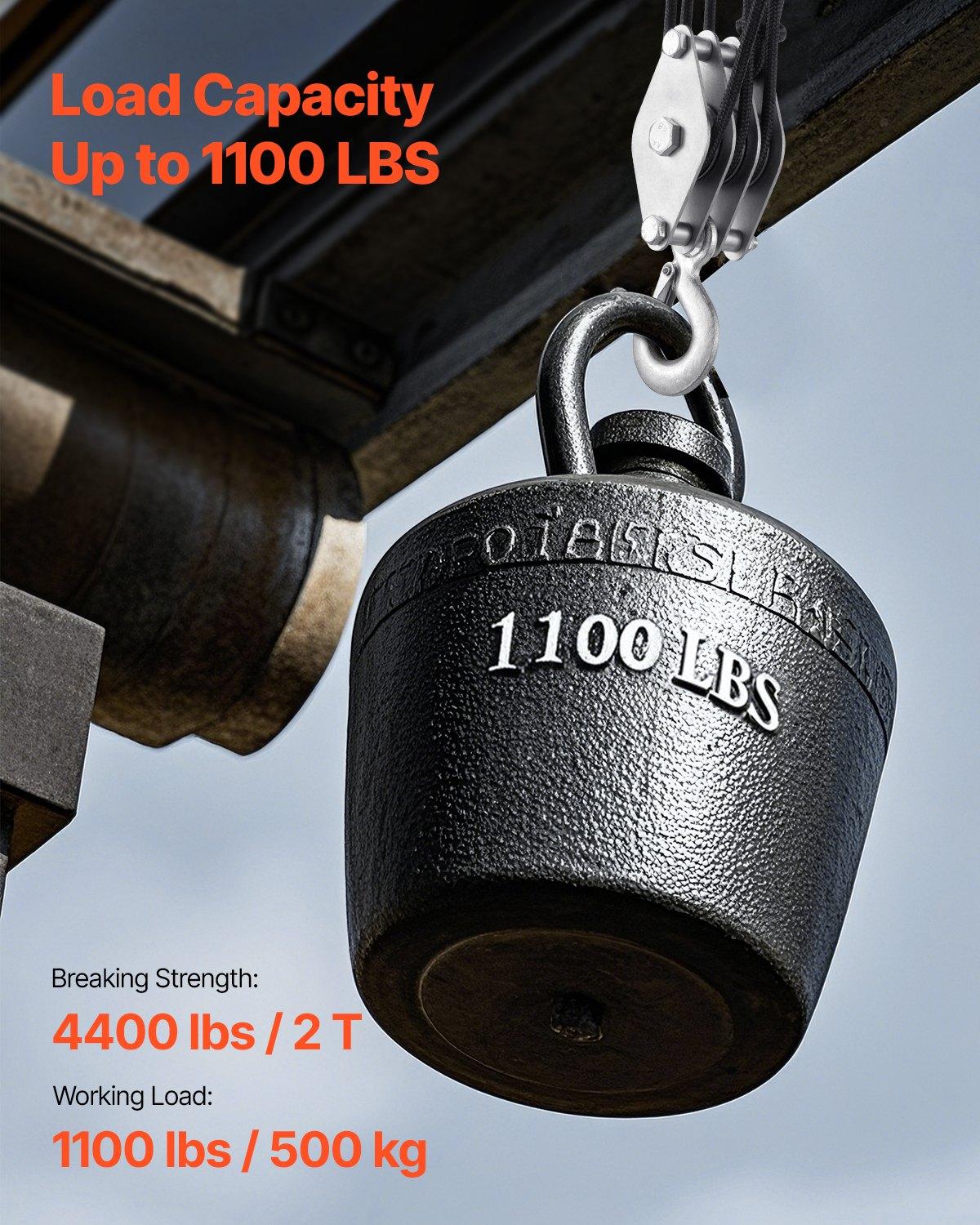 VEVOR 4400 lbs Breaking Strength 100 FT Rope Pulley Hoist, 5:1 Lifting Power Heavy Duty Pulley System with 2pcs Soft Loops, Metal Wheels Bearing Structure, Block and Tackle for Lifting Heavy Objects VEVOR 4400 lbs Breaking Strength 100 FT Rope Pulley Hoist, 5:1 Lifting Power Heavy Duty Pulley System with 2pcs Soft Loops, Metal Wheels Bearing Structure, Block and Tackle for Lifting Heavy Objects