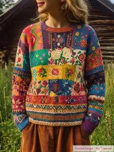 Women's Floral Knitted Long Sleeve Crew Neck Fitted Pullover Sweater Printed with Bohemian Rustic Vintage Print, Ribbed Knit Casual Detail, Soft Comfortable Stretchy Fabric, Great for Daily Wear, Home Casual Wear, All Seasons Warm Cozy Sweater