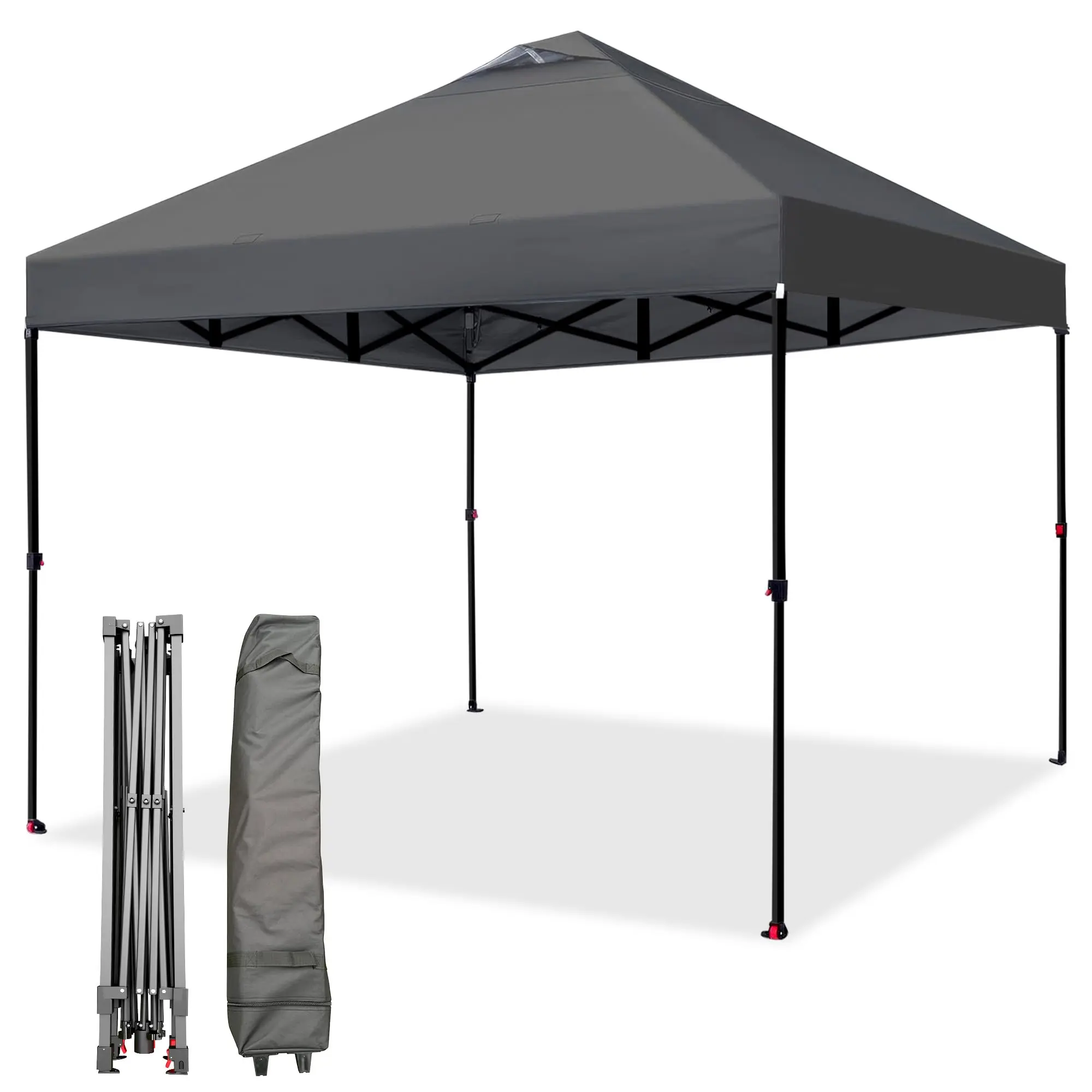 10x10 Pop Up Canopy Tent, Heavy Duty Outdoor Canopy with Vent, One Push Setup Instant Portable Sun Shelter with Wheeled Bag, 4 Sandbags, 8 Stakes & 4 Ropes for Events, Parties, Gray