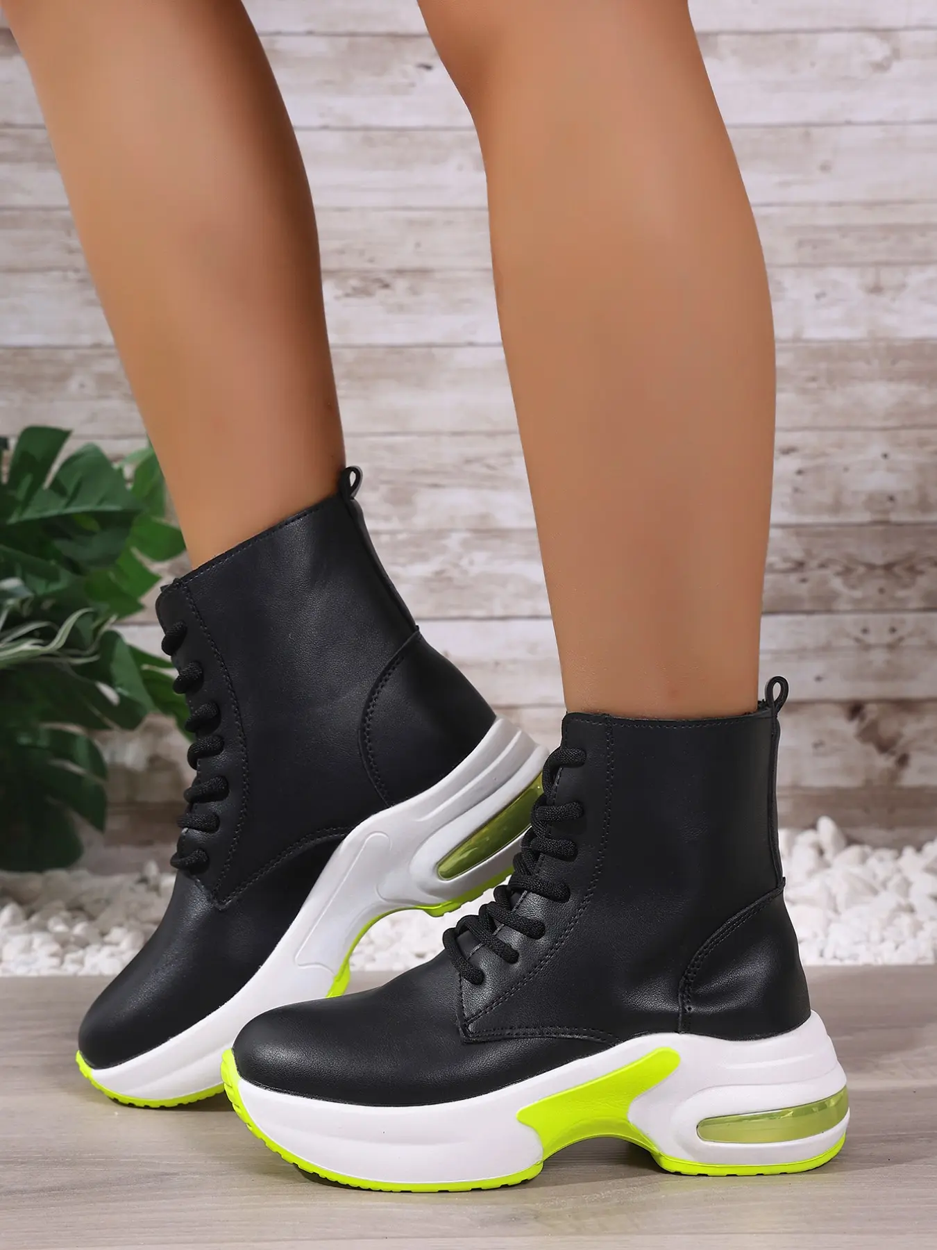 Small Girls' Colorblock Fluorescent Sole High-Top Boots, Plain Round Toe Air Cushion Thick Heel, Sweet Cool Streetwear, Versatile All Seasons, Modern Boot