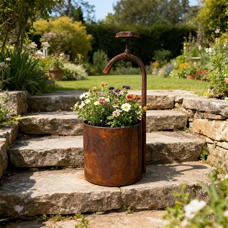 Vintage Rustic Iron Well Design Planter, Creative Metal Garden Decor, Unique Ornamental Flower Pot, Handcrafted Artisanal Piece