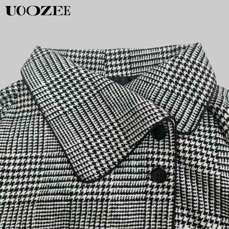 UOOZEE  TikTok Exclusive Women's 2025 New Autumn Winter Coat Plaid Stand Collar Jacket, Fashion Retro Plaid Houndstooth Pattern Button Asymmetric Light Coat for Commuting, Casual Outing or Dating Fit Womenswear Elegance winter outfits coat jacketswomen