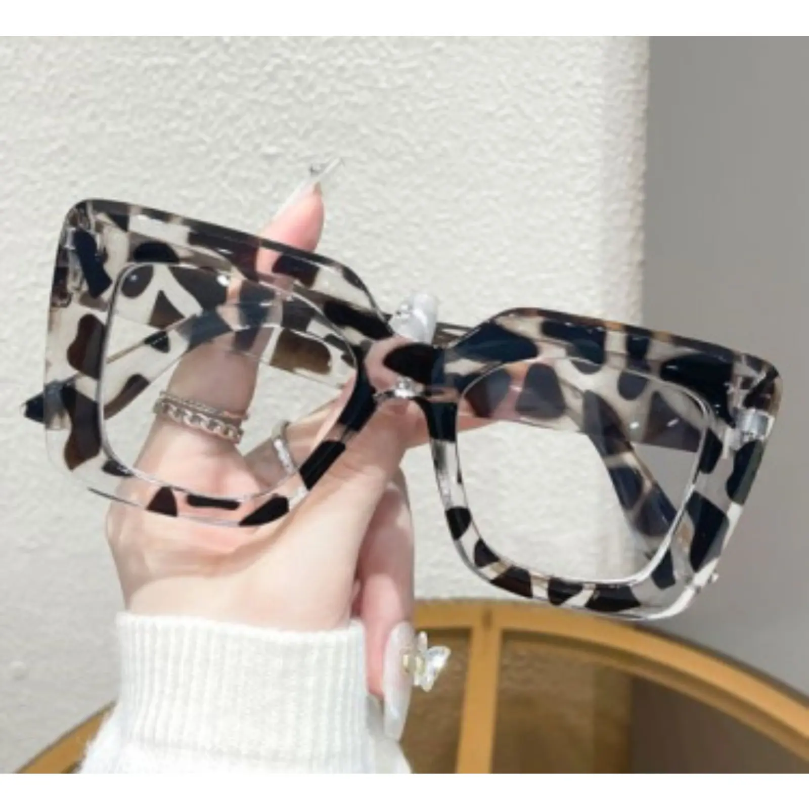 Women Square Clear Lens Eyeglasses, Trendy Gray Leopard Print Thick Frame Glasses, Oversized Double Layer Fashion Spectacles, Decorative Eyewear for Daily Office Street Photography