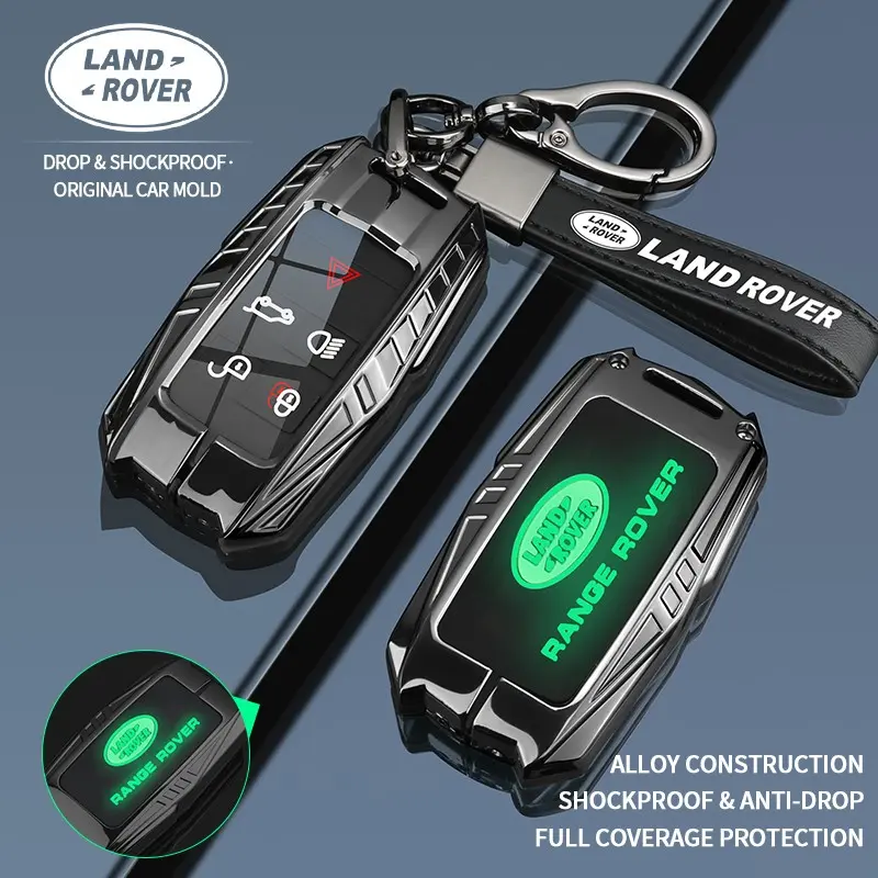 Car key shell cover fits Land Rover Range Rover Evoque, Evoque L, Velar, Discovery 4, Discovery 5, Discovery Sport, Freelander, and Defender. Made of alloy with a mech-style design, it fully wraps your key and comes with a keychain.