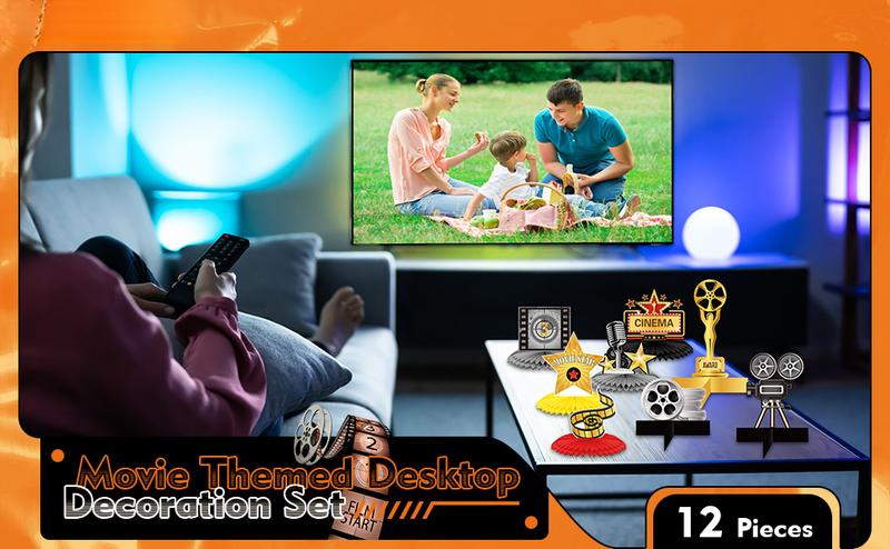 12 Pieces Movie Night Party Decorations Supplies Movie Theater Honeycomb Centerpiece 3D Microphone Ticket Star Video Paper Centerpiece Sign Table Decoration for Theater Birthday Party Favors