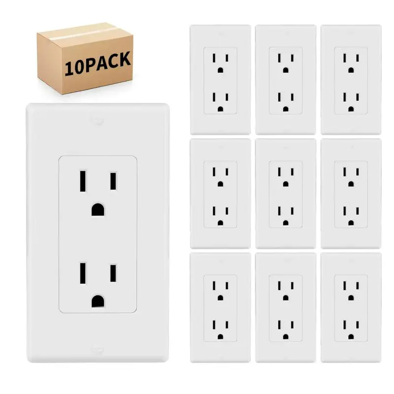10 Pack -  Standard Electrical Outlet 15 Amp, 2 Pole 3 Wire, Non-Tamper Resistant, NEMA 5-15R, Self-Grounding Residential Grade, UL Listed, White Decorator Receptacle with Wall Plate and Screw