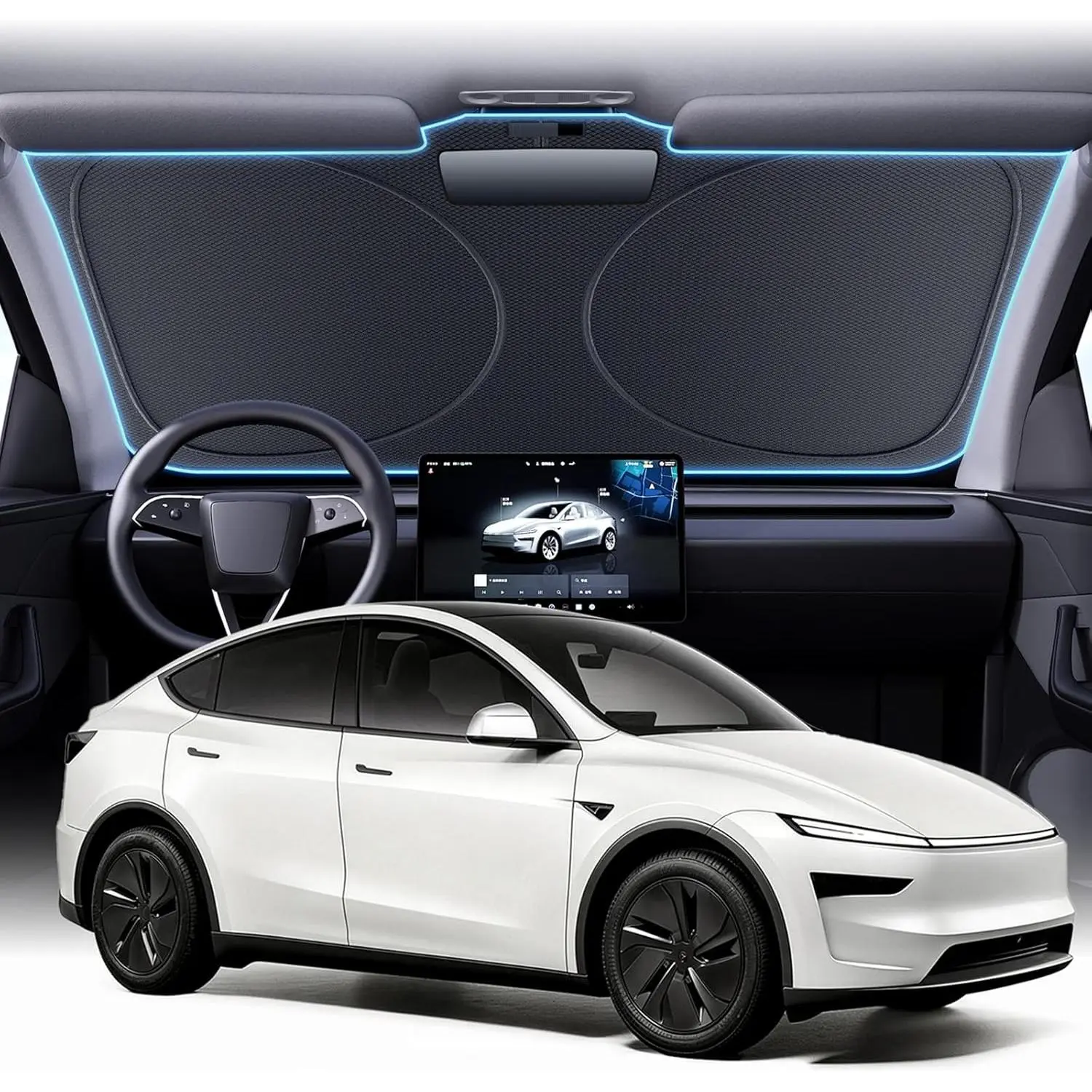 Upgraded Contour Fit Windshield Sun Shade for Tesla Model 3/Model Y 2017-2026, WS2 Size (59x36 in), 99.9% Sun Protection, Super Heat Insulation, Foldable with Storage Bag, Toolless Install, Cabin Cooling Car Exterior Accessory, Zero Gaps