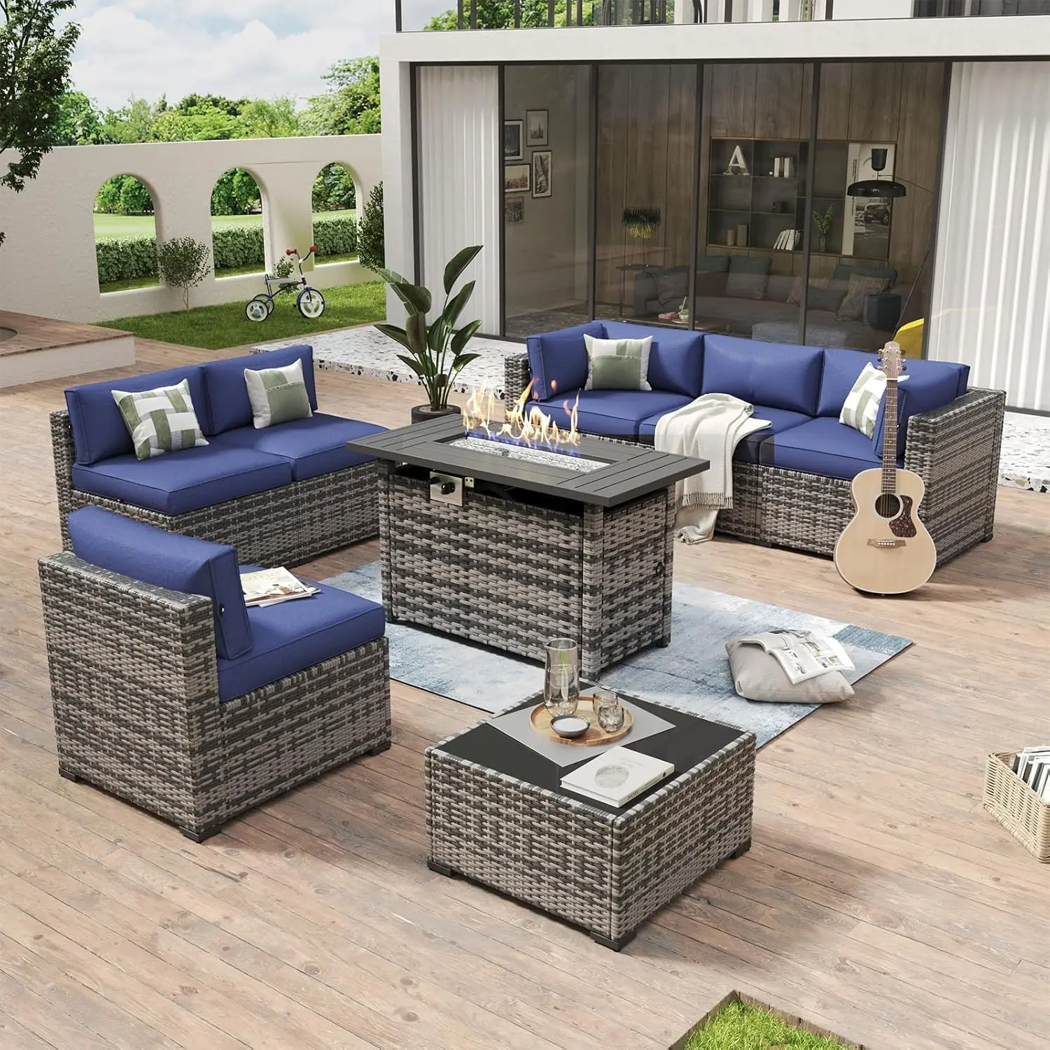 Aoxun 8 Piece Patio Furniture Set with 44” Fire Pit Table Paito Conversation Set Wicker Rattan Outdoor Sectional Sofa Set with Thickened Cushions (Grey/Blue)