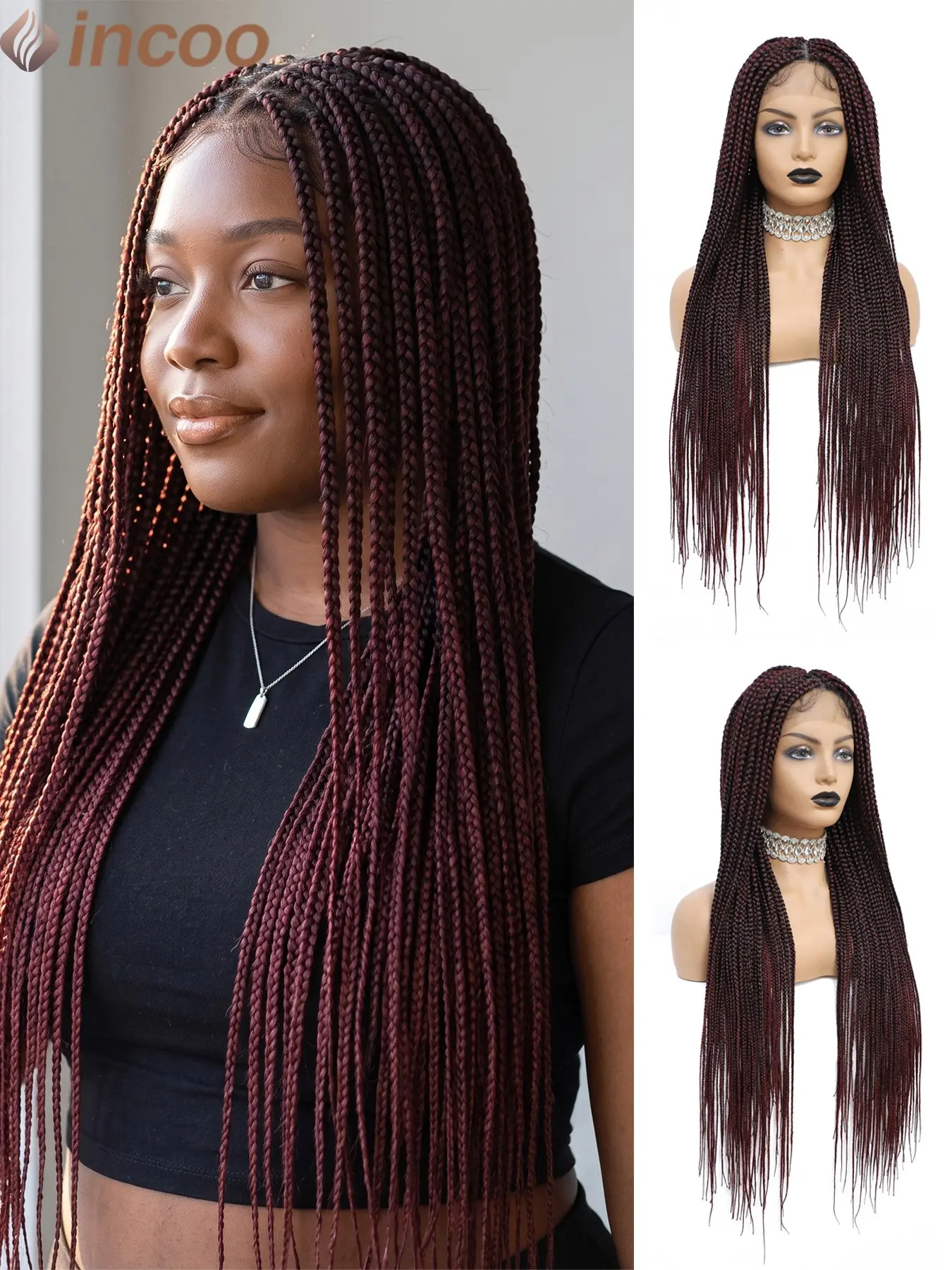 36" Handmade Knotless Box Braids Wig Synthetic Full Lace Front Braids Wig T1B/Burgundy Colored Beginner-friendly Pre-Braided Wigs Goddess Braids Large Cornrows Braided Wig Goddess Locs Twist Braided Hairstyle Wigs For Black Women Daily Casual Street Style