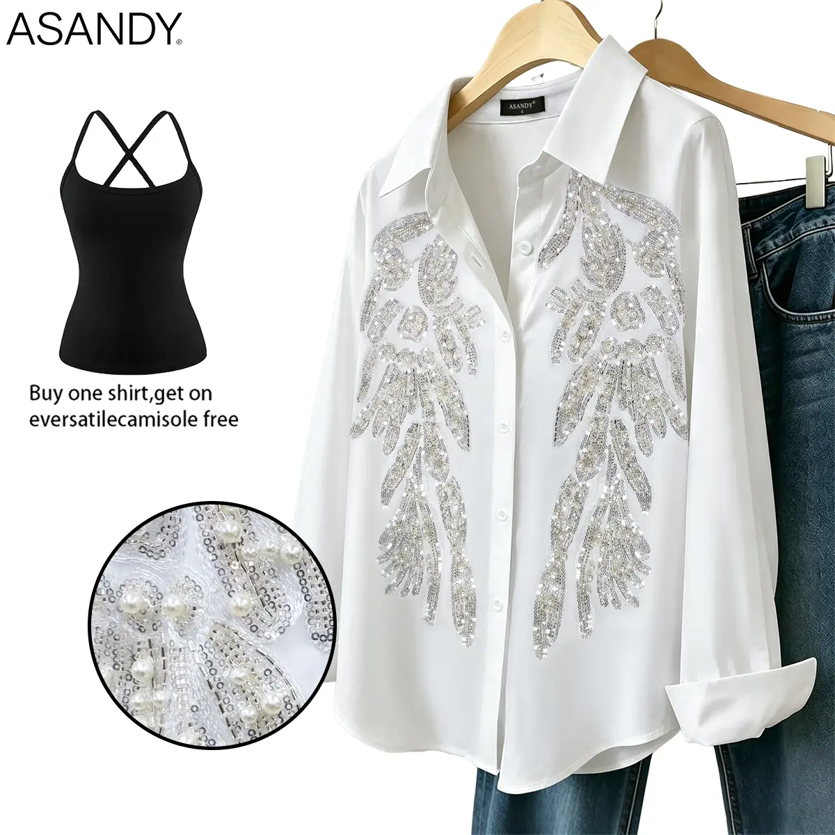 ASANDY White Oversized Long Sleeve Collared Button Down Blouse Pearl Sequin Lace Feather Applique Shirt Elegant Luxury Dressy Top Office Wedding Guest Brunch Daily Streetwear Layering Shirt For Party Dating Business Casual Outfit