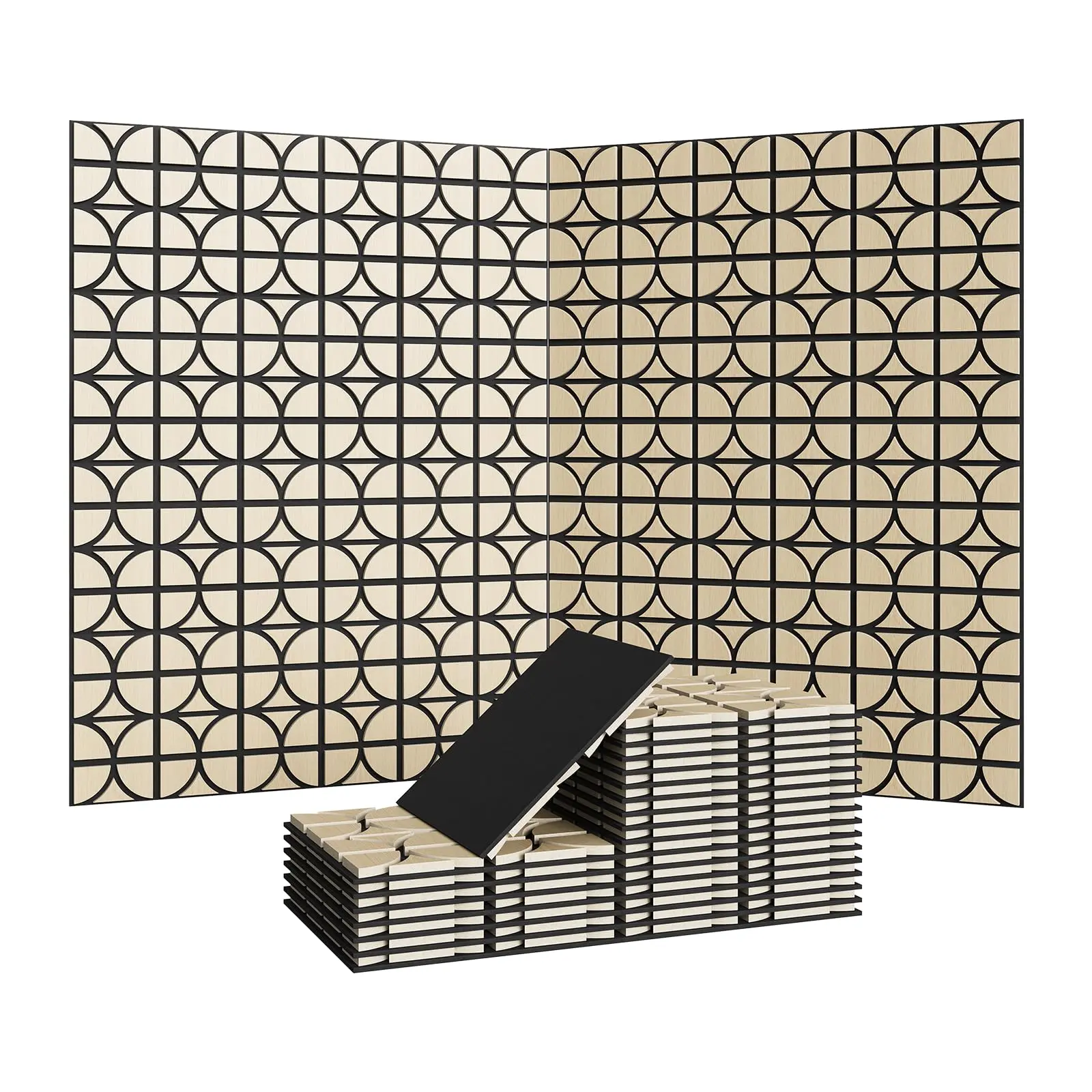 3D Acoustic Wood Wall Panels, 12 x 12 in Sound Absorbing Slat Panels with PET Felt Backing, Geometric Wall Decor for Home Theater & Recording Studio, Walnut, 12/24-Pack