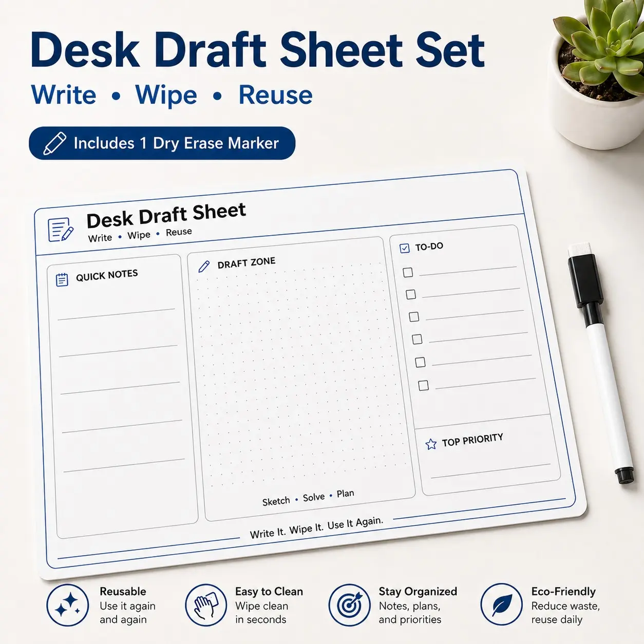 Reusable Whiteboard Desk Draft Paper Set with Marker, Self-Adhesive Writing Pad, Ideal for Notes, To-Do Lists, Sketching
