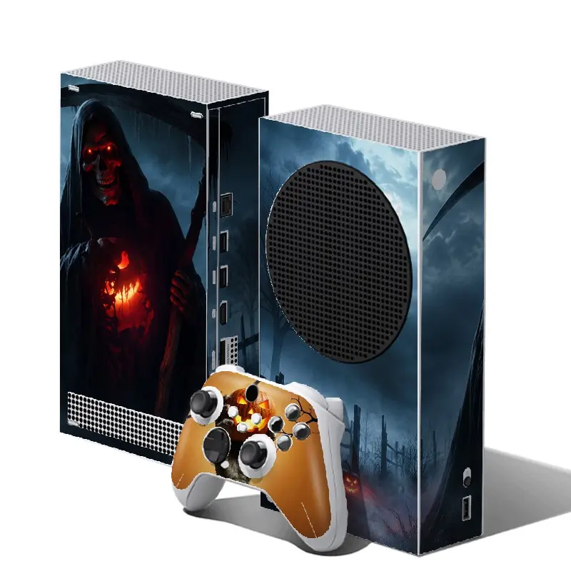Dark Grim Reaper Scythe Pumpkin Graveyard Vinyl Skin Decal Set for Xbox Series S, Includes Console Skin + 2 Controller Skins, Spooky Dark Halloween Night Graveyard Art Pattern Look, Durable Scratch‑Resistant, Removable No Residue PVC Vinyl Sticker