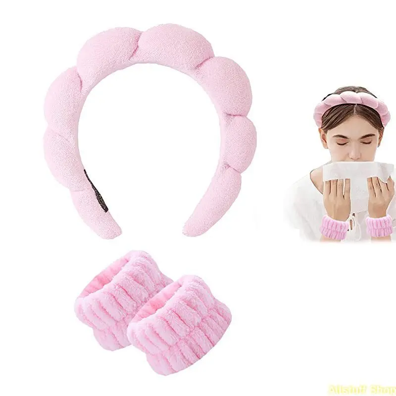 4-Piece Puffy Spa Headband Accessory Set for Women, Solid Terry Cloth Kit with Absorbent Wristbands for Face Washing & Makeup