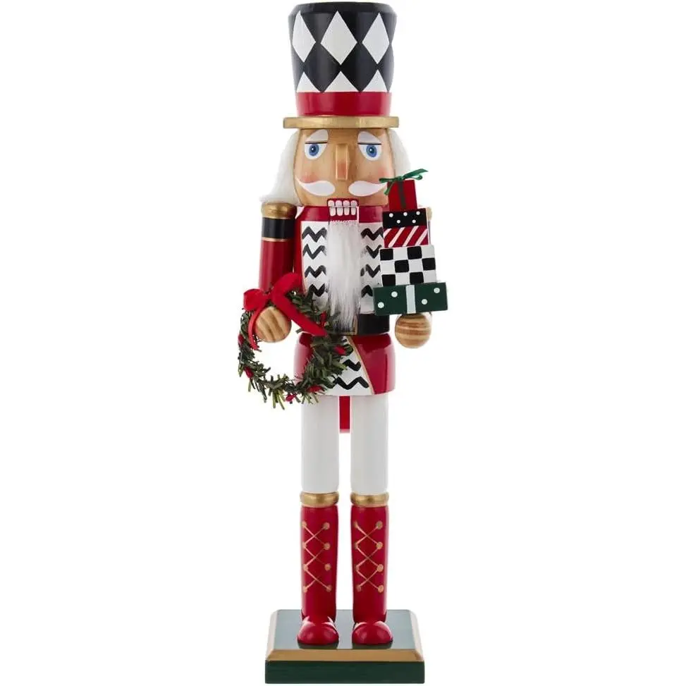 15-Inch Red, White and Black Nutcracker with Gift Box and Wreath