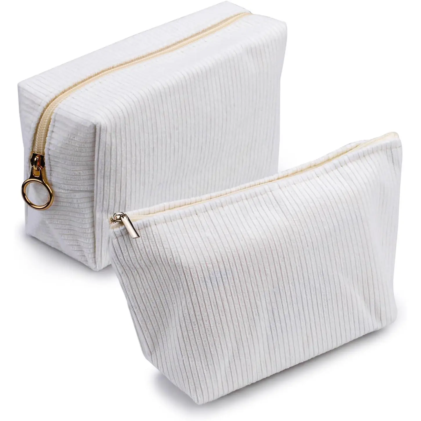 Corduroy Makeup Bag Set, 2-Piece Soft Washable Cosmetic Pouch and Travel Toiletry Organizer for Women and Girls, White, Makeup Bags, Cosmetic Bags