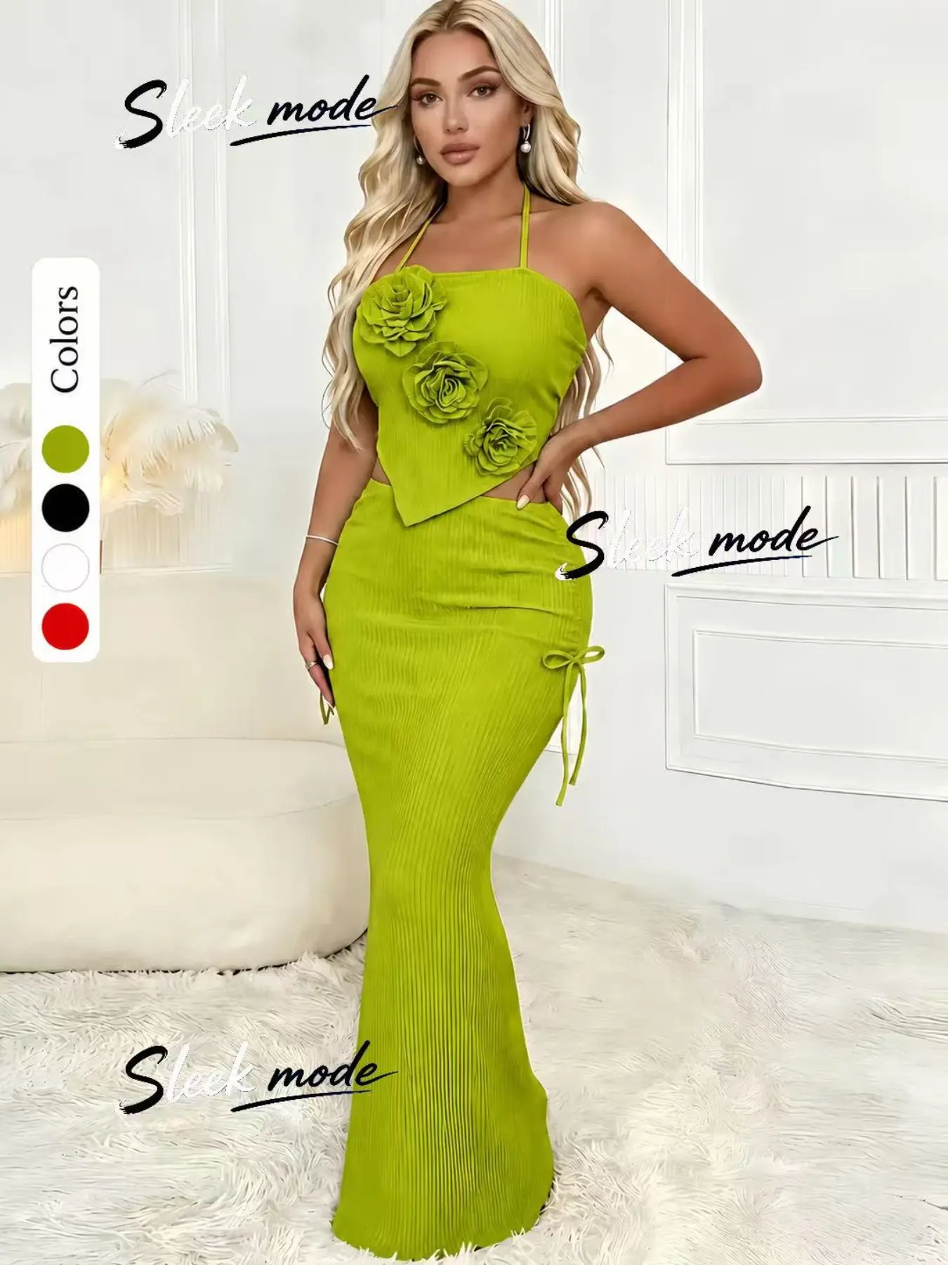 Women's New 3D Floral Halter Bodycon Dress Two-Piece Set, Holiday Party Formal Evening Gown, Stylish and Elegant Fashion