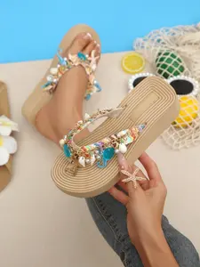 Trendy Oceanic Shell Starfish Sandals for Women, Thick Sole Slope Heel Anti-Slip Beach Vacation Shoes, Summer Footwear for Ladies