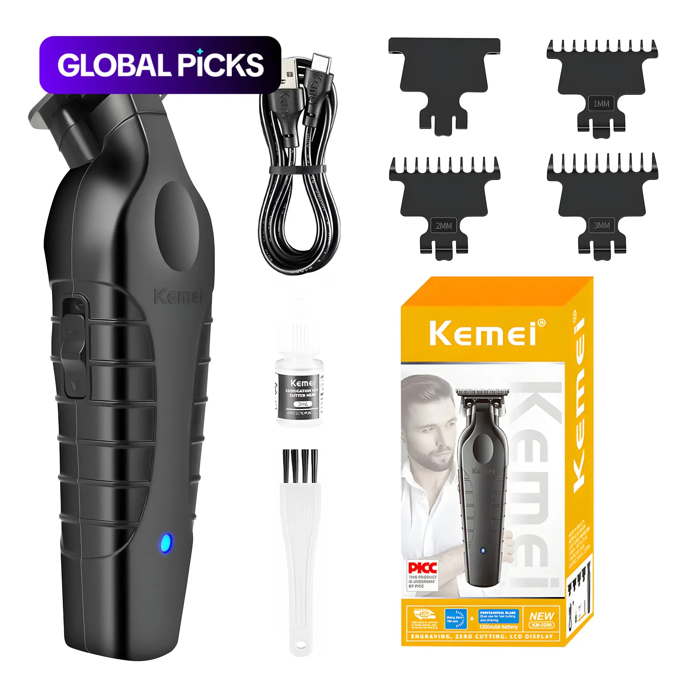 Kemei KM-2299 Professional Hair Trimmer, Cordless Detailer Barber Clipper, Zero-Gapped Blade, High Quality, Battery Powered, USB Fade Clipper, Cordless Hair Cutting, Hair Clippers #GLOBAL PICKS